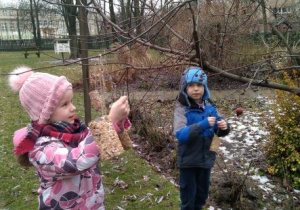 Dzieci wieszają karmidełka na gałązkach drzewka